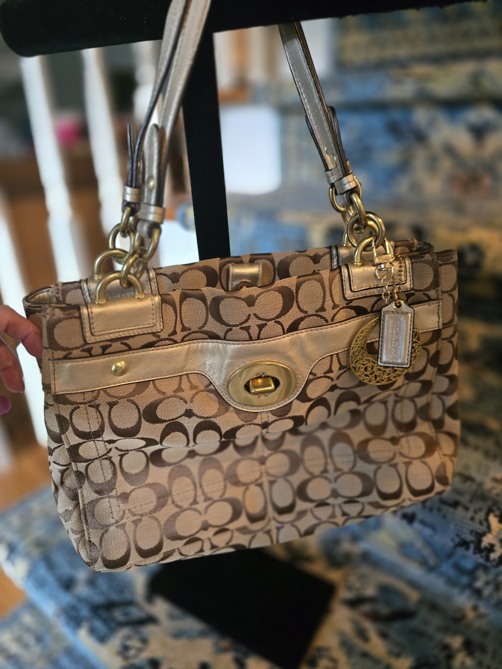 Coach Brown Signature Canvas Shoulder Bag with Gold Trim